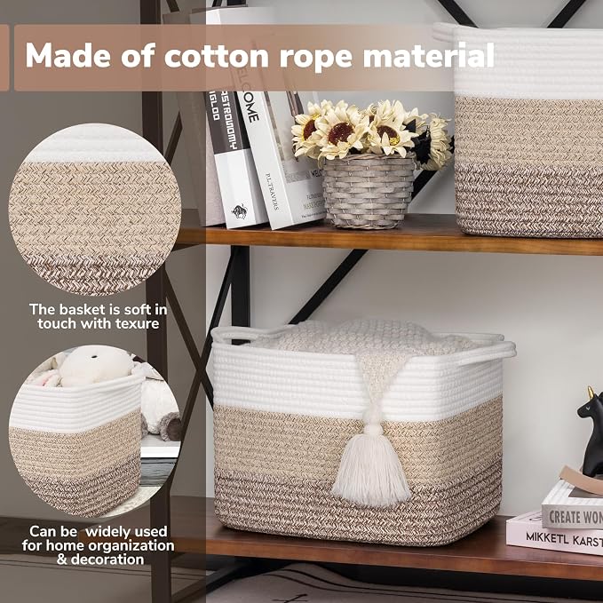 Goodpick Woven Storage Basket, 13"x10"x9" Cotton Rope Organizer for Dog Toys, Books, Stylish Gift Basket with Handles, Small Laundry Baskets for Shelves, Gradient Brown - Image 4
