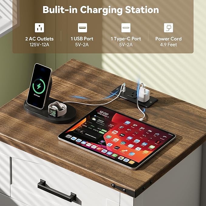 Decofy Farmhouse Nightstand with Charging Station, 18'' Wide Rustic End Table with USB/Type-C Ports, 3 Drawers, Wood Bedside Table for Bedroom, White