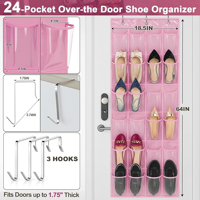 Over-the-Door Kids Shoe Organizer, Pink Shoe Rack for Door, 24 Crystal Clear Pockets, Heavy-Duty Hanging Organizer, 3 Metal Hooks for Toddler Shoes - Image 4