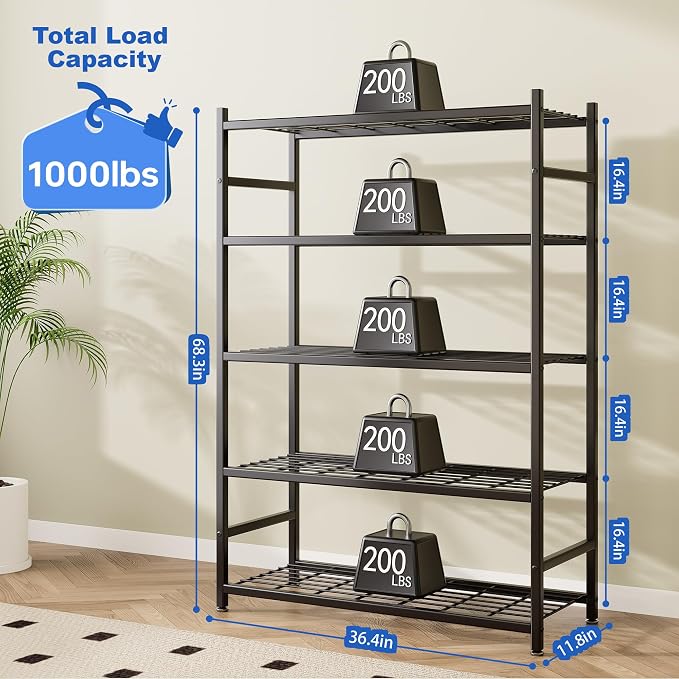 Storage Shelves, 5-Tier Metal Shelving Unit with Adjustable Feet, Shelf Organizer for Garage, Kitchen, Pantry and Closet Organization, 36.4" x 11.8" x 68.3", Black - Image 3