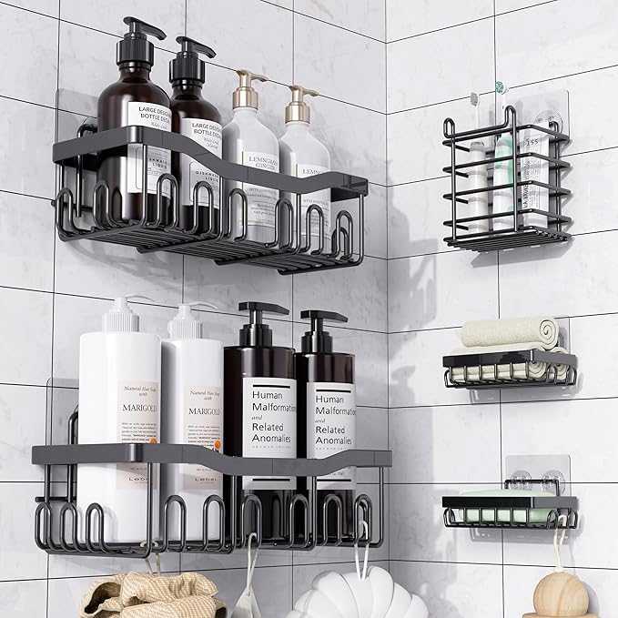 Shower Caddy 5 Pack Rustproof Stainless Steel Bath Organizers With Large Capacity, No Drilling Shelves, Adhesive Shower Caddy, for Bathroom Storage & Home Decor, SC02, Black by JIANDOS