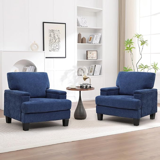 Oversized Accent Chair Set of 2 with Storage Armrest, Modern Upholstered Reading Living Room Chairs, Comfy Large Armchair, Fabric Single Sofa Chair for Bedroom (Navy Blue)