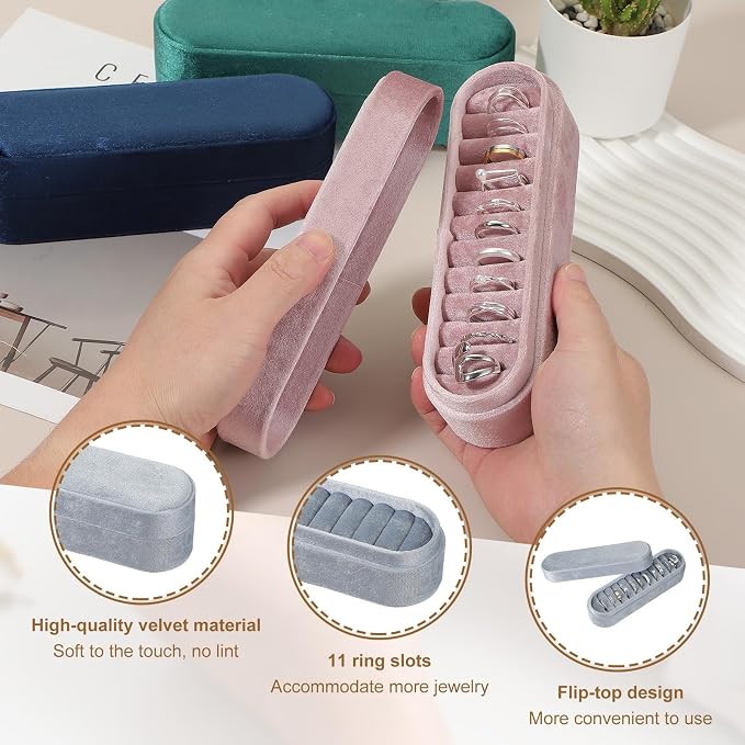 uxcell Velvet Ring Box, Jewelry Display Tray with Lid 11 Slots Travel Jewelry Case Ring Holder Organizer Wedding Birthday Christmas Day (Blue) - Image 3