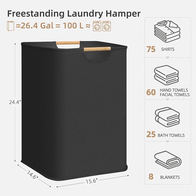 STORAGE MANIAC 1-Pack Large Laundry Hamper, 100L (26.4 Gal) Collapsible Laundry Basket with Bamboo Handles, Freestanding Waterproof Clothes Hamper for Laundry Room, Bedroom, Dorm, Towels, Toys, Black - Image 4