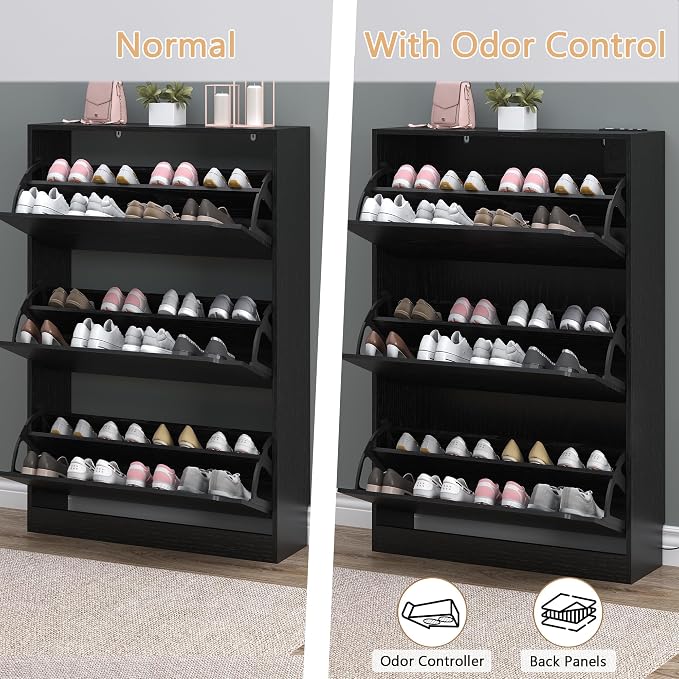 BORNOON Shoe Cabinet with Odor Control and Back Panels, Deodorizing Slim 3-Flip Shoe Storage Cabinet for Entryway, Freestanding Hidden Shoe Rack Organizer for Entrance, Hallway, Bedroom - Image 5