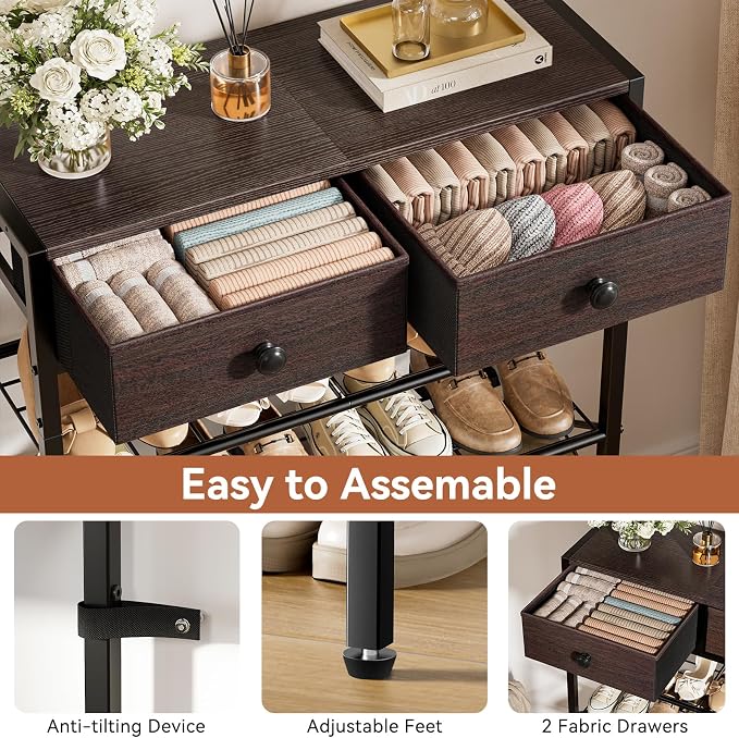 Shoe Rack for Entryway, 5 Tier Shoe Organizer with 2 Non-Woven Drawers, Metal Storage Shoe Shelf for 16-20 Pairs of Shoes, with Wooden Top and Steel Frame, Shoe Stand for Closet Dark Brown - Image 5