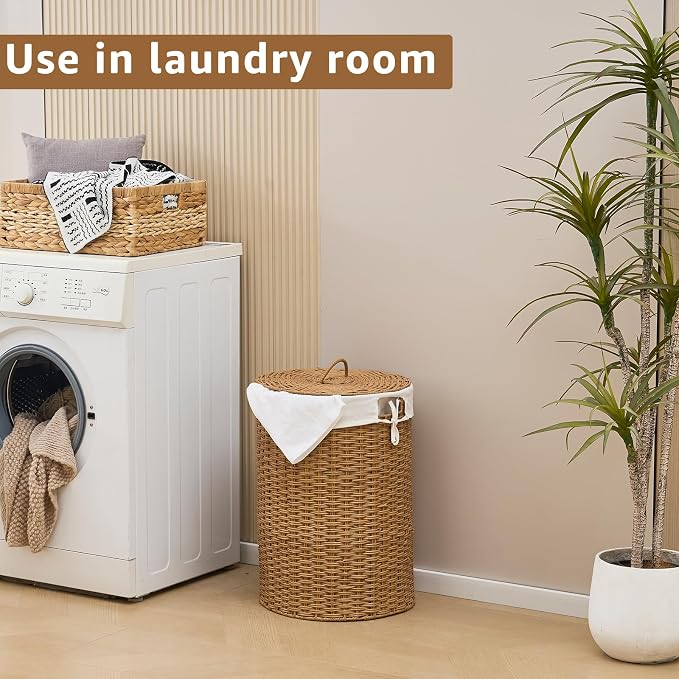 Round Wicker Laundry Hamper with Lid Handwoven Rattan Basket with Handles for Dirty Clothes, 2 Washable Liner Bags, No Assembly Required, Washable Basket, 60L - Image 4
