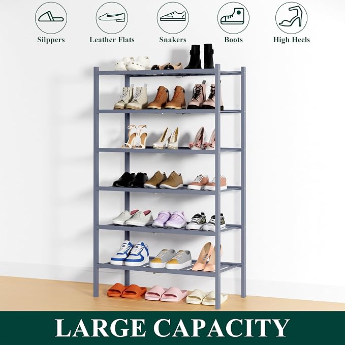 Smiry Shoe Rack, 6 Tier Thick Bamboo Shoe Organizer, Stackable Free Standing Wooden Shoe Storage Shelf for Closet, Entryway, Front Door Entrance, Grey - Image 6