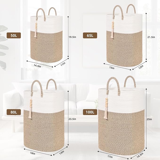 Woven Laundry Basket for Clothes, 50L Large Rectangle Laundry Hampers with Beads Tassel, Nursery Storage Basket for Toys, Tall Dirty Clothes Hamper for Bedroom Aesthetic, Laundry Room Organization - Image 3