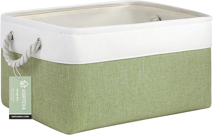 Large Storage Baskets- 15.7x11.8x8.26 inch Storage Bins for Shelves and Closet Organizing, Foldable Fabric Bin for Home Organization Clothes and Laundry (1-Pack, White&Green) by VQRTEXAStorageBasket