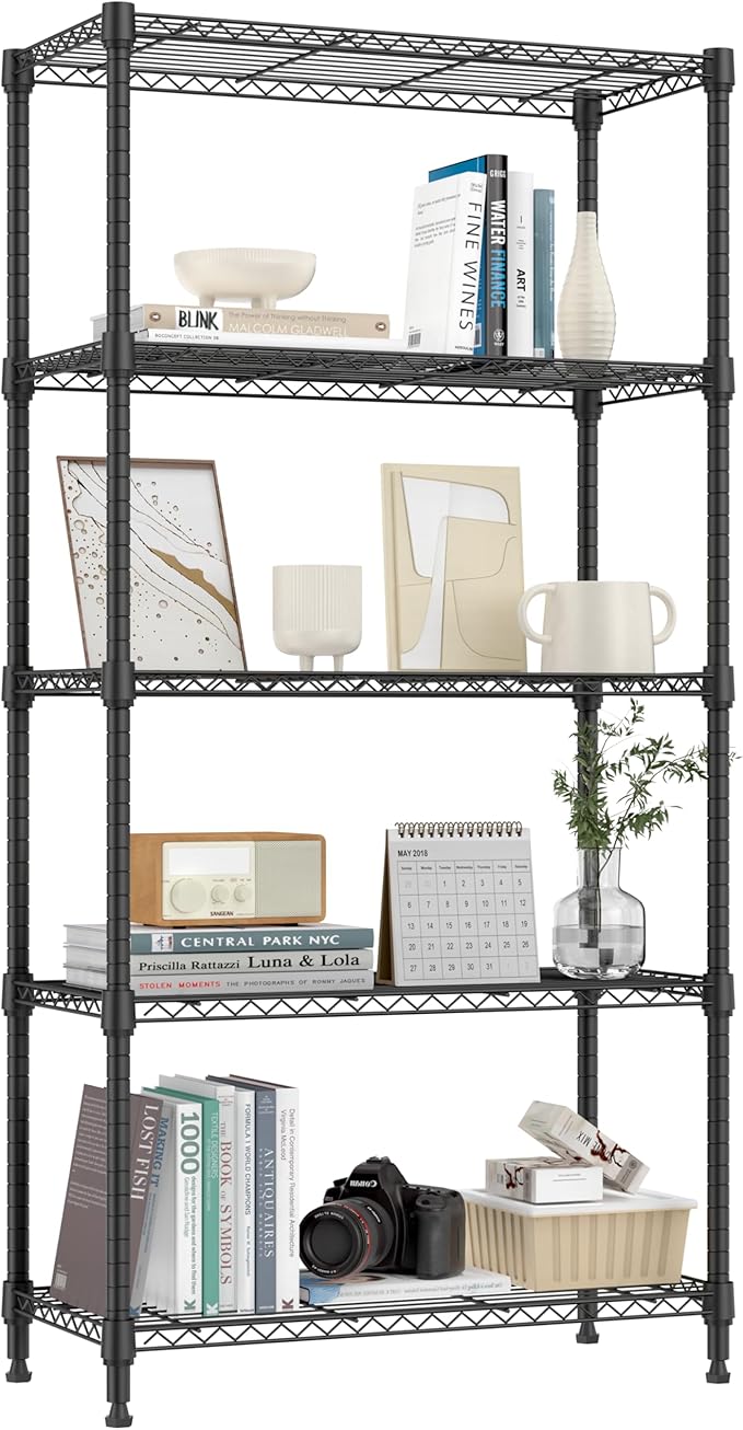 M MZG 1250 lbs 5 Tier Shelf Metal Storage Shelves Shelving Wire Rack Heavy Duty Closet Organizers for Garage Kitchen Bathroom Laundry Black 13.8" D x 29.5" W x 59.5" H by MEIGAOPLASTICANDMETALHKCOLIMITED