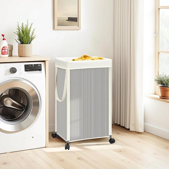 STORAGE MANIAC Laundry Hamper with Wheels, 90L (23.7 Gal) Large Tall Rolling Laundry Basket with Removable and Washable Liner Bag, Aesthetic Dirty Clothes Hamper for College, Dorm, Off-white - Image 7