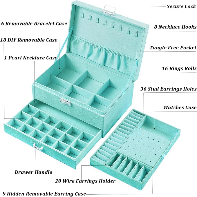 QBestry 3-Layer Jewelry Box for Girls & Teens with Lock and Key, Large Jewelry Organizer with 8 Necklace Hooks & 56 Earring Holes, Teal Velvet Jewelry Storage Box for Necklaces Earrings Rings Bracelet - Image 6