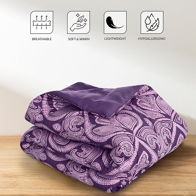 LUX Décor Reversible 4pc Twin Comforter Set, Printed Bedding Set, All-in-One Bed in a Bag, Includes 1 Comforter, 1 Pillow Sham, 1 Decor Pillow & 1 Bed Skirt (Paisley Purple,Twin)