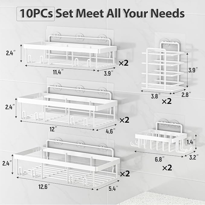 Liuoud 10 Pack Shower Caddy Organizer Rack Shelf for Inside Shower, Self Adhesive Wall Storage Basket Rustproof Stainless Steel Shampoo Holder Bathroom Accessory Decor Set, White - Image 2
