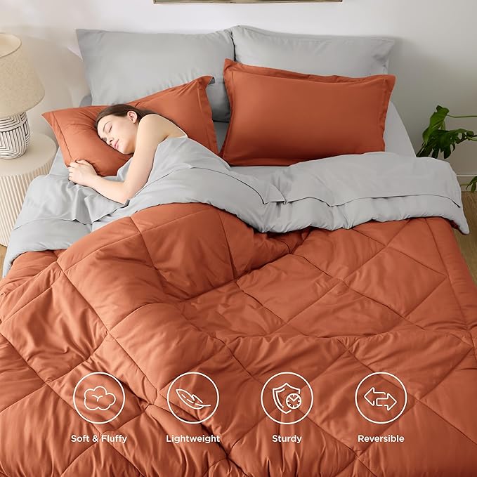 Bedsure King Size Comforter Set - 7 Pieces Reversible Burnt Orange Bedding, King Size Bed Set for All Seasons, Bed in a Bag with Down Alternative Comforter, Sheets, Pillowcases & Shams