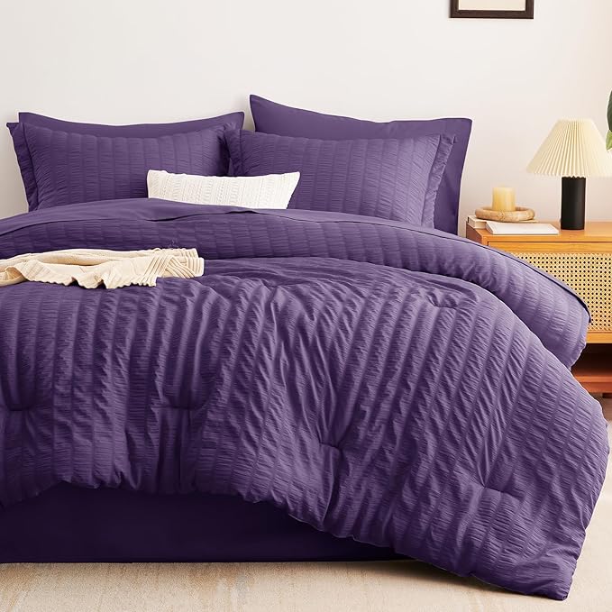 CozyLux King Size Comforter Set Purple Seersucker 7 Pieces Bed in a Bag King Comforter Set with Sheets, Luxury Soft Bedding Sets with Down Alternative Comforter, Sheets, Pillowcases & Shams All Season