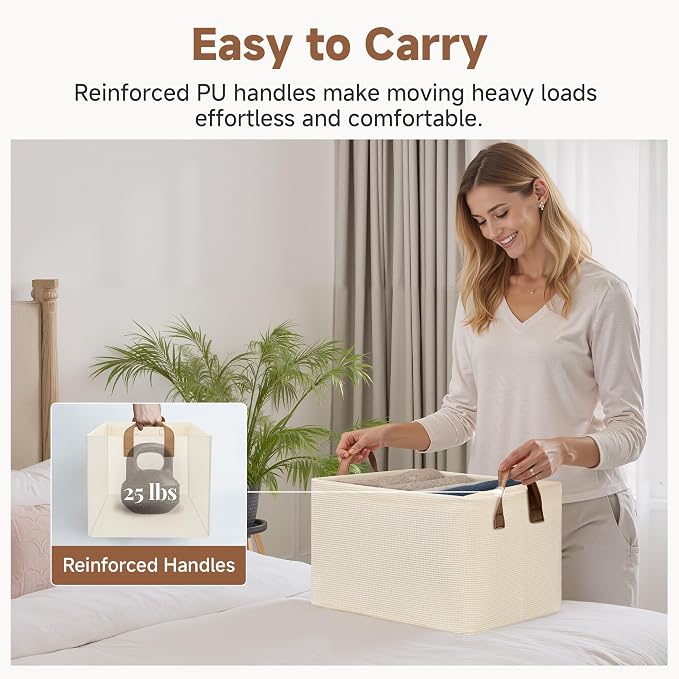 StorageWorks Storage Bins, Shelves Baskets for Organizing, Fabric Closet Organizers with Handles, Metal Frame, Beige-Texture, 2-Pack - Image 5