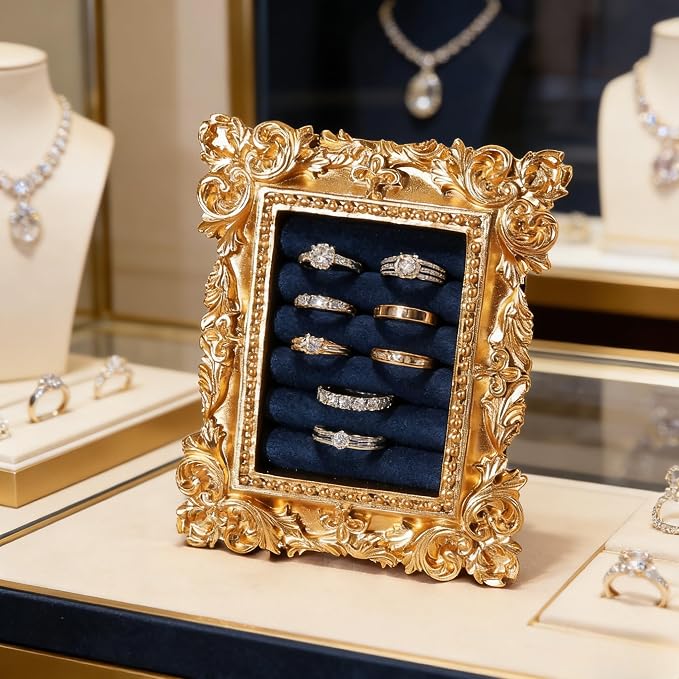 Vintage Ring Holder Rectangle Gold Velvet Display Stand - Baroque Jewelry Organizer Box Tray for Wedding Engagement Anniversary Women Birthday Christmas Gift Photograph Prop (MPF05-Gold Blue) by GELVTIC