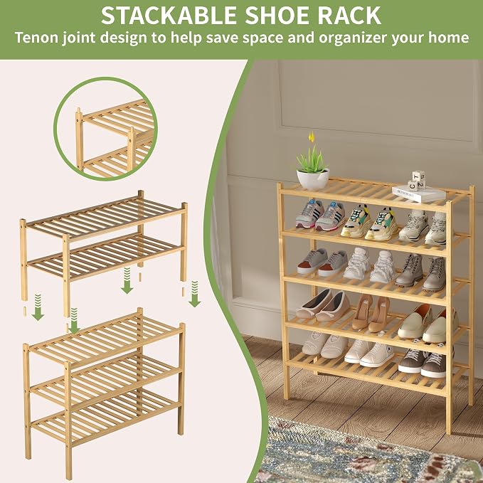 ROMGUAR CRAFT 2 Tier Bamboo Shoe Rack for Closet Free Standing Wood Shoe Shelf for Entryway Small Space Stackable 27"x11"x13" (Natural) - Image 5