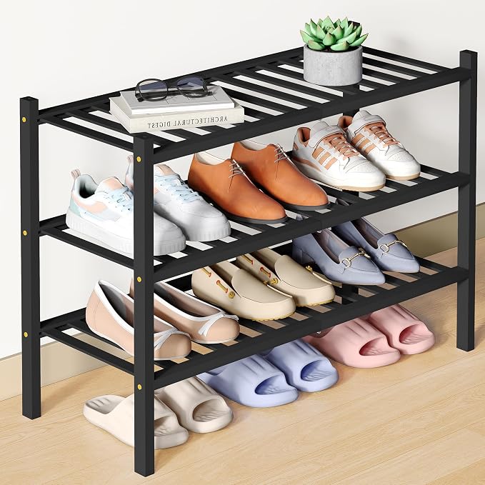 Smiry Bamboo Shoe Rack for Closet, 3 Tier Wooden Stackable Shoe Organizer, Free Standing Shoes Storage Shelf for Entryway, Front Door Entrance, Black by Smiry