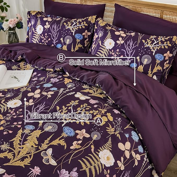 Yiran Purple Floral Comforter Set King Size, 7 Piece Botanical Comforter Bedding Set, Farmhouse Bed in a Bag, Soft Microfiber Complete Bedding Set with Sheets for All Season
