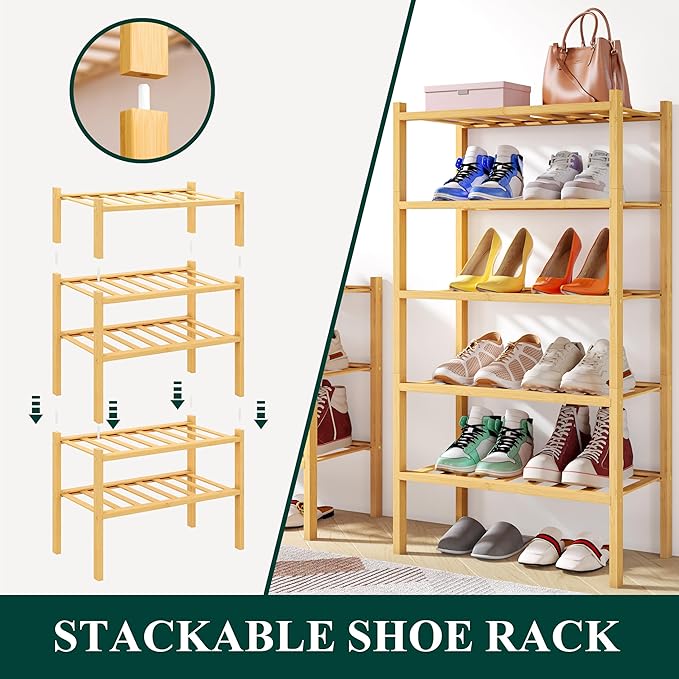 Smiry Shoe Rack, 3 Tier Small Bamboo Shoe Organizer, Stackable Free Standing Wooden Shoe Storage Shelf for Closet, Entryway, Front Door Entrance, Natural - Image 4