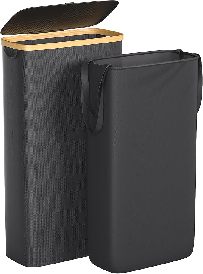 Foluck Slim Laundry Hamper, 60L Waterproof Narrow Laundry Basket with Lid and Removable Bag, Collapsible Tall Clothes Hamper with Bamboo Handles for Clothes Toys in Dorm Bedroom Bathroom, Black by Foluck