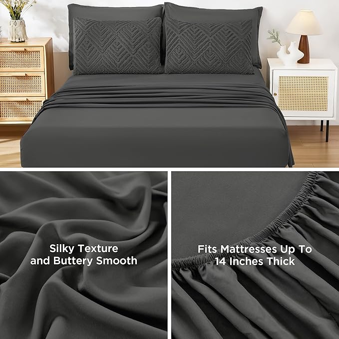 Andency King Size Comforter Set 7 Pieces Dark Grey - Bed in a Bag King Boho Lightweight Fluffy Tufted Bedding Sets with Quilt Comforter, Sheets, Pillowcases & Shams