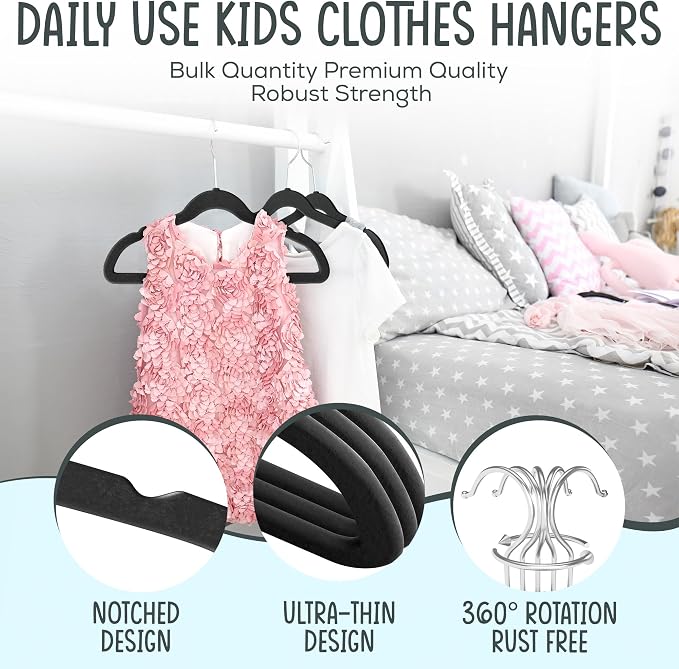 TechZoo 25 Premium Kids Velvet Hangers - 14" Non-Slip Clothes Hangers for Kids & Preteens - Ultra Slim, Space-Saving, Strong & Durable Hangers with 360° Swivel Hook - Black - Image 3