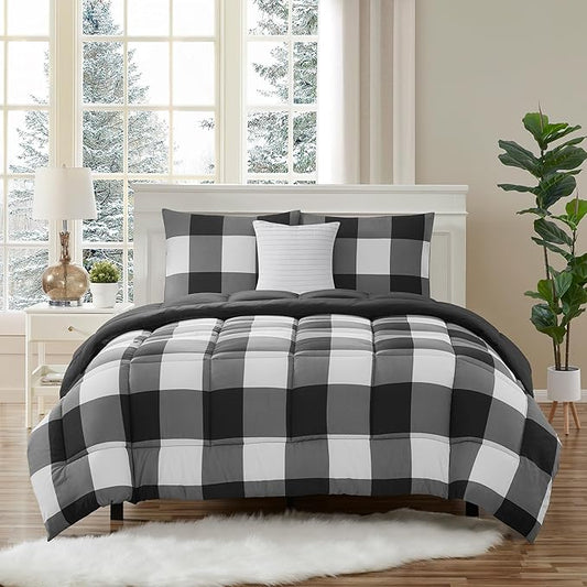 7 Piece Comforter Set Bag Solid Color All Season Soft Down Alternative Blanket & Luxurious Microfiber Bed Sheets, King, Buffalo Plaid Black/White