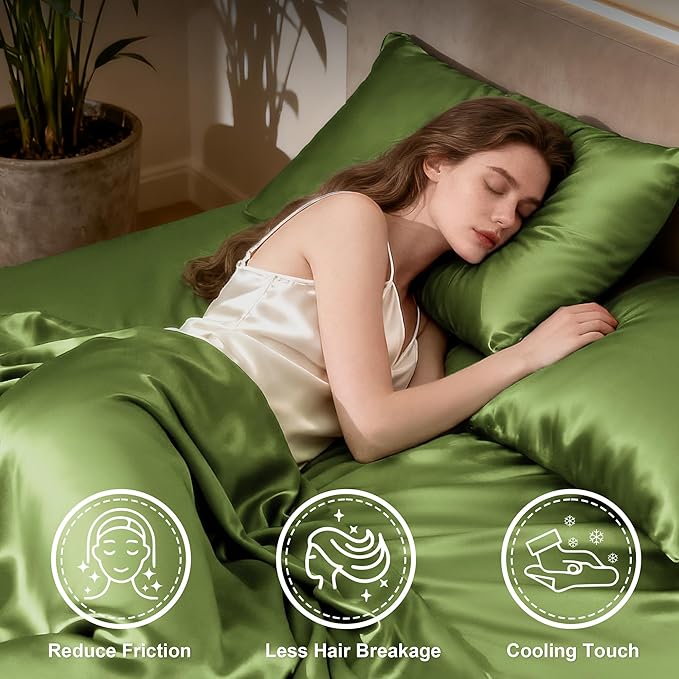 Love's cabin Twin XL Satin Sheet Sets - 3 Piece Sage Silky Bed Sheets with Deep Pockets, Luxury Silk Feel Satin Sheet Set Twin XL (1 Flat Sheet,1 Fitted Sheet,1 Pillow case)
