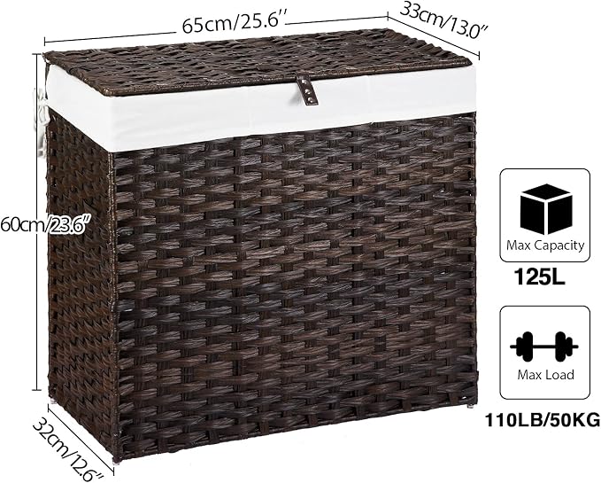 Greenstell Laundry Hamper with Lid, 125L Large Clothes Hamper with 3 Section & 2 Section Removable Liner Bags & 5 Mesh Laundry Bags, Handwoven Synthetic Rattan Divided Laundry Basket, Brown - Image 4