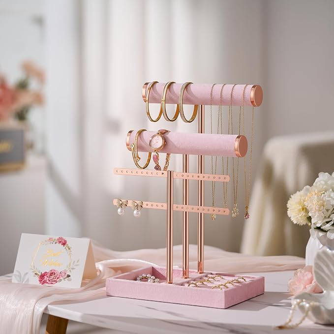 bussdis 3 Tier Bracelet Holder Display - Detachable T Bar Pink Velvet Bracelet Holder, Jewelry Holder Organizer for Bracelet, Necklace, Earrings, Rings - Image 7