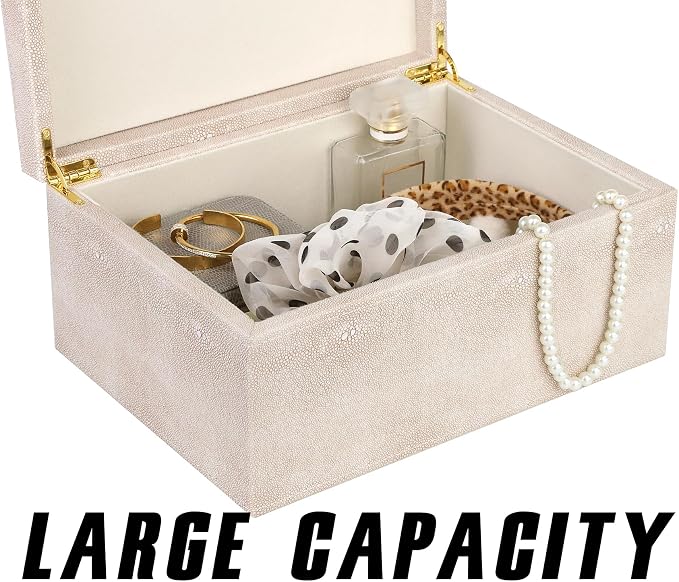 HofferRuffer Faux Leather Decorative Box, Large Wooden Structure Keepsake Box Accessory Organizer Jewelry Organizer with Hinged Lid, Storage Container for Home or Office (LightGrey Shagreen) - Image 7