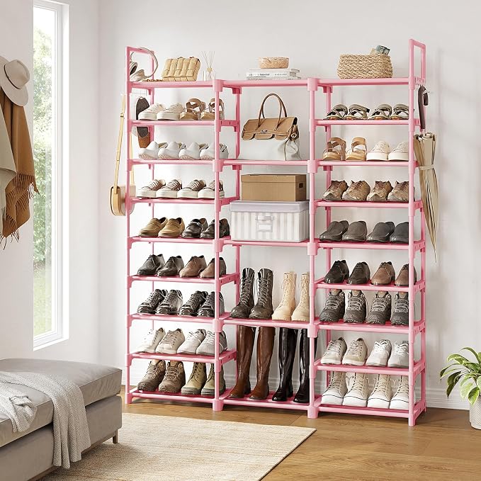 WOWLIVE 9 Tiers Shoe Rack Shoe Storage Shoe Organizer 50-55 Pairs Shoe Tower Unit Shelf Durable Metal Pipes with Plastic Connectors Stackable Cabinet Pink - Image 2