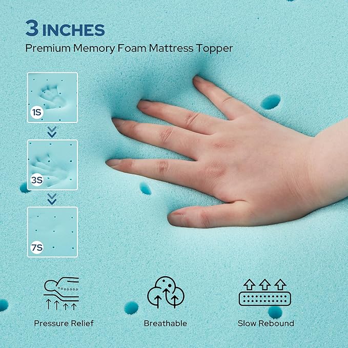 BEDLORE Queen Mattress Topper, 3 Inch Gel Memory Foam Mattress Pad with Straps for Back Pain Relief, Medium-Firm Bed Topper, Breathable & Non-Slip with Removable Washable Cover