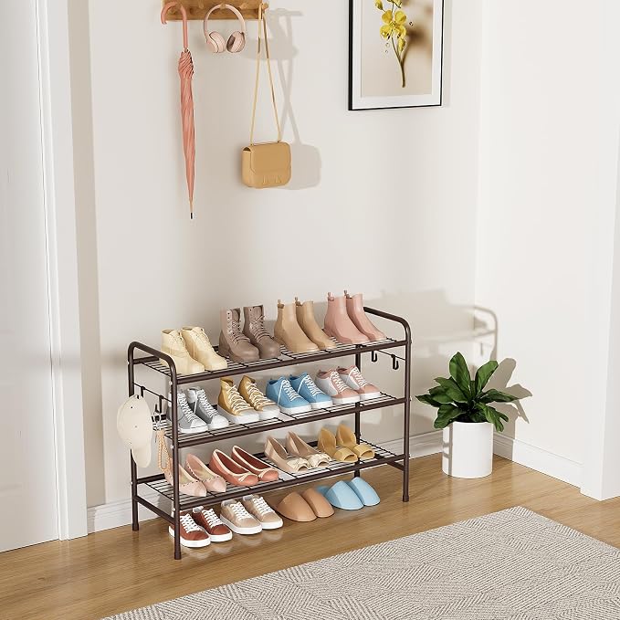 VILICK 3 Tier Shoe Rack 33" Wide Metal Shoe Organizer Long Shoe Storage with 4 Side Hooks Sturdy Shoes Shelf for Front Door Entrance, Closet, Garage, Dorm, Brown - Image 2