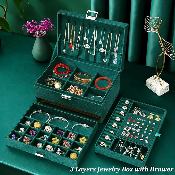 QBestry Jewelry Box for Women with Drawer, 3-Layer Large Jewelry Organizer with Lock & Key, 8 Necklace Hooks & 56 Earring Holes, Green Velvet Jewelry Storage Box for Necklaces Earrings Rings Bracelets - Image 2