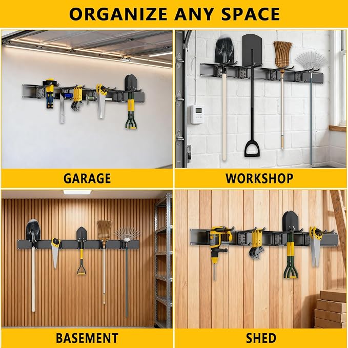 Garage Tool Organizer Wall Mount, Heavy-Duty Garage Storage System and Garden Tool Organizer with Adjustable Hooks for Shovel, Snowboard, Yard Tools and Shed (64"-10hooks) - Image 6