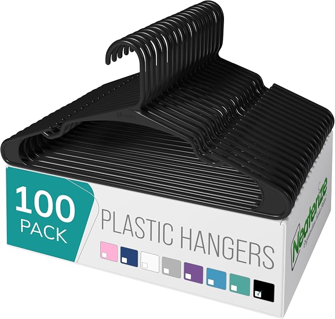 NEATERIZE Clothes Hangers Plastic 100 Pack for Adults - Plastic Hangers, The Perfect Coat Hanger and Space Saving Clothes Hangers for Closet - Black Hangers by Neaterize