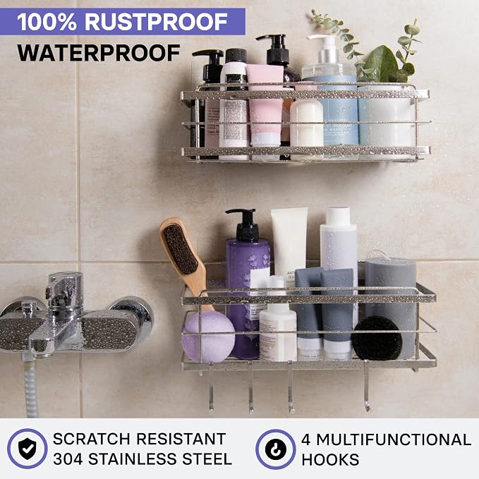 KINCMAX Shower Shelves 2-Pack - Self Adhesive Caddy with 4 Hooks - No Drill Large Capacity Stainless Steel Wall Shelf - Aesthetic Organizer for Inside Bathroom - Polished Silver - Image 2