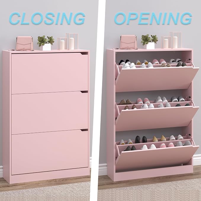 BORNOON Shoe Cabinet with 3 Flip Drawers, Hidden Wood Shoe Cabinet,Freestanding Shoe Storage Cabinet for Entryway Hallway.White. 47.2" H*31.5" W*9.45" D (Pink) - Image 5