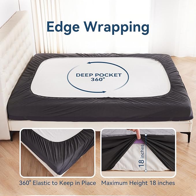 BDEUS Waterproof Mattress Protector King Size with Straps Noiseless Bed Cover Deep Pocket Fitted Up to 18" Depth Mattress Pad Soft Breathable Machine Washable for Bedroom, Hotel(Gray)