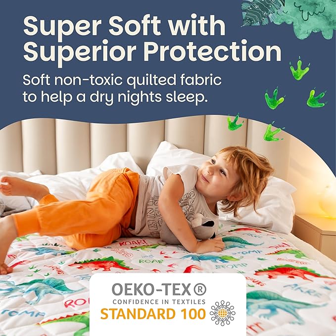 Lynmark® Potty Training Mattress Protector Pee Pads for Kids - Waterproof Toddler Bed Wetting Mat for Toilet Training - Non-Slip Washable Bedwetting Topper Absorbs Up to 2000ml - 35" x 33", Dinosaur