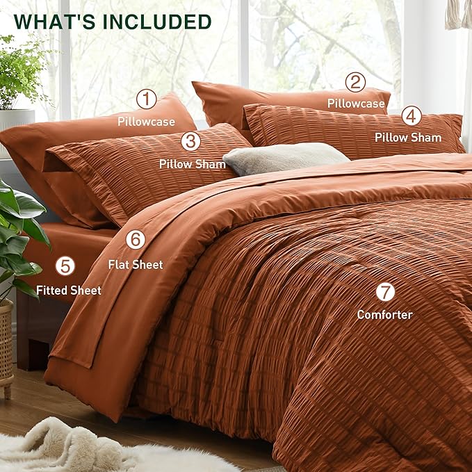 Love's cabin Seersucker Terracotta Full Comforter Set, 7-Piece All Season Lightweight Bed in a Bag Bedding Set with Comforter, Flat Sheet, Fitted Sheet, Pillowcases and Shams | Soft, Breathable, Lightweight