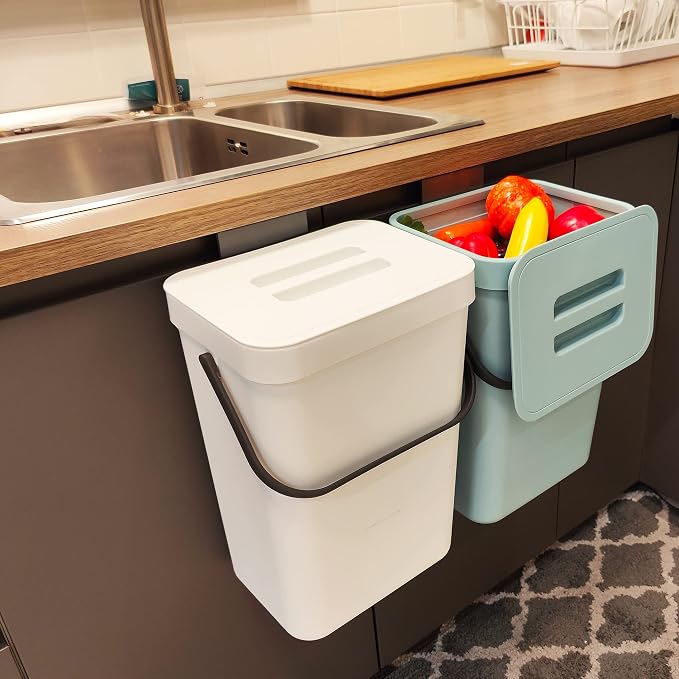 stonespace Hanging Trash Can, 3.2 Gallon/12L Small Waste Bin with Lid for Kitchen Cabinet Door or Under Sink, Bathroom Trash Bin with Lid, Food Waste Bin, 1 Pack White by stonespace