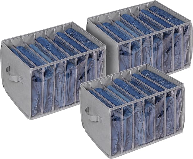 Zilink Upgraded Wardrobe Clothes Organizer with Support Board Clear Pants Organizer Bins for Closet with 7 Grids Divider Sweater Organizer for Closet for Jean Pant Sweater Legging T-Shirt, 3 Pack by Zilink