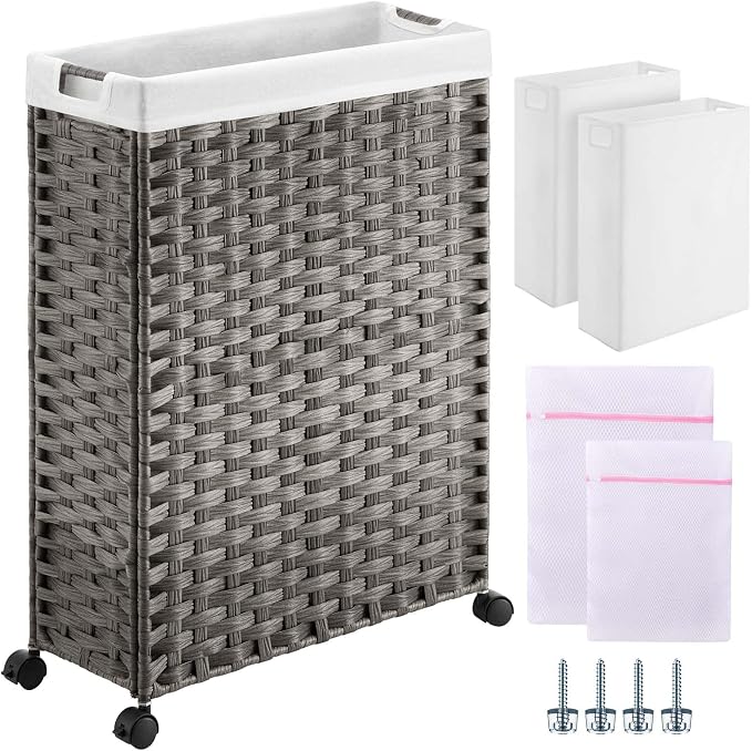 Greenstell Laundry Hamper with Wheels, 17.4 Gallon (66L) Slim Laundry Basket with 2 Removable Liner Bags & 2 Mesh Bags, Narrow Rattan Clothes Hamper for Bedroom, Laundry Room, Bathroom, Grey by Greenstell