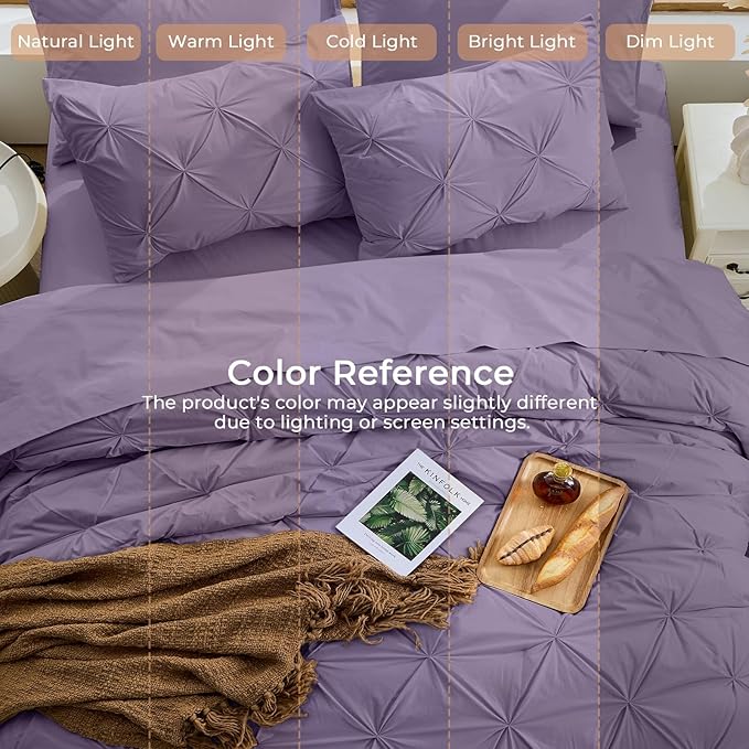 Sasttie California King Comforter Set, 7-Piece Bed in a Bag, Pintuck Bedding Sets for All Season, Includes Comforter, Flat Sheet, Fitted Sheet, Pillowcases and Pillowshams, New Purple